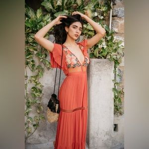 Coral Mesh Flower Maxi Dress